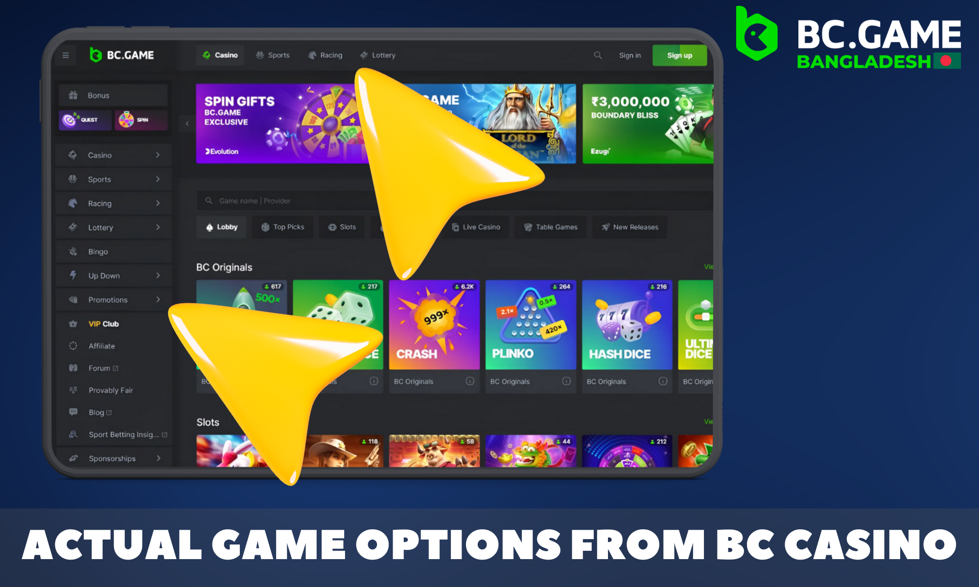 An overview of the current BC Game gaming options available to players from Bangladesh