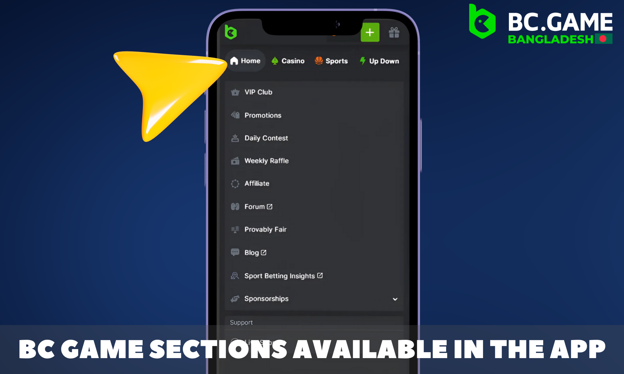 Overview of BC Game app sections