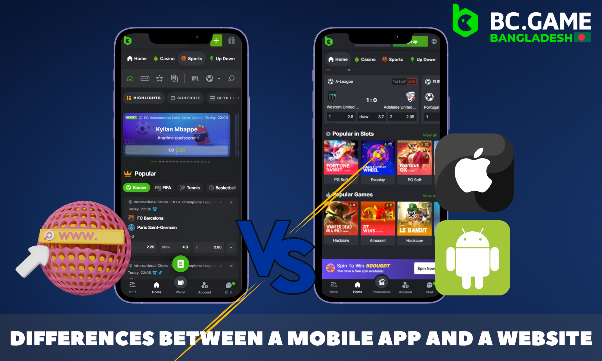 Comparison of the differences between the BC Game app and the website