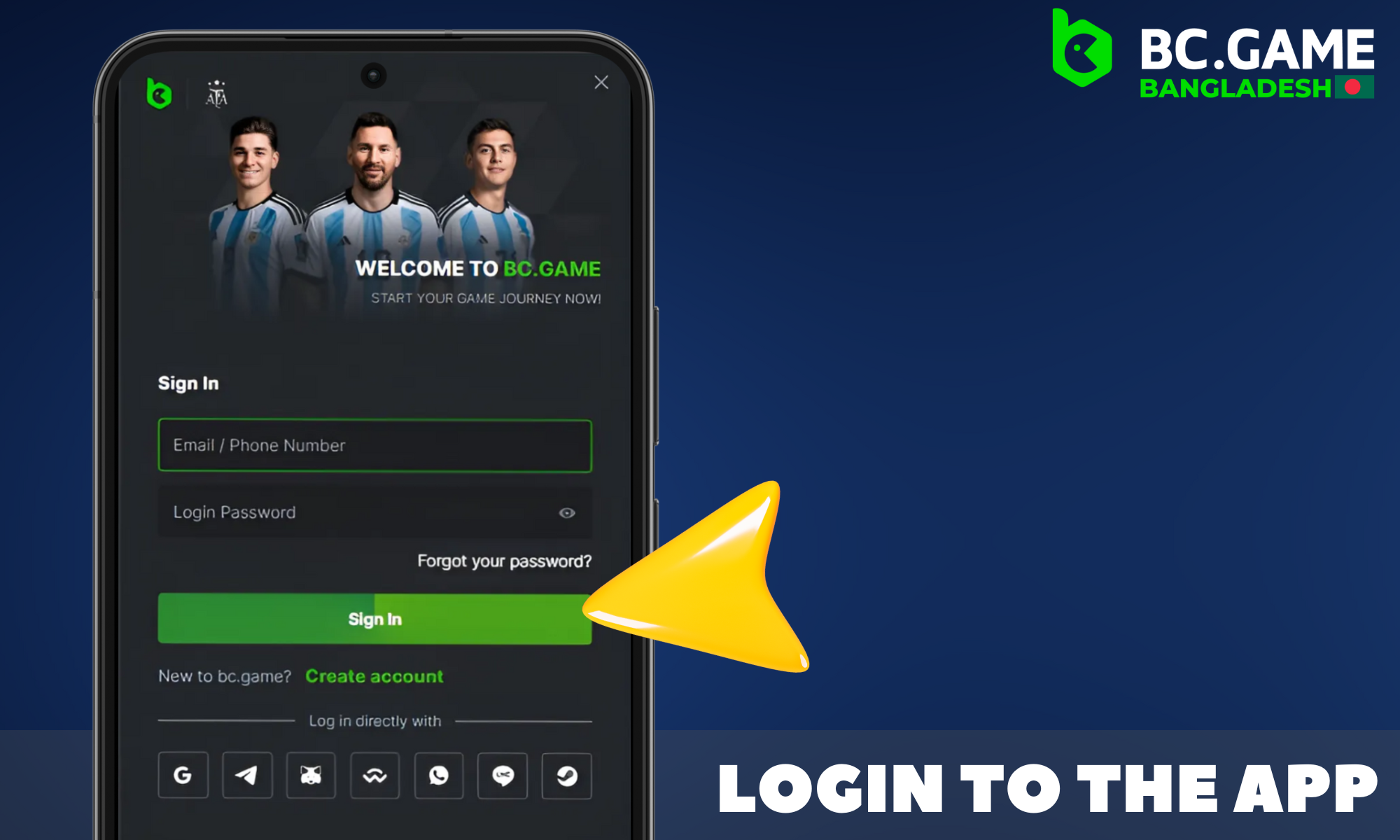 If you already have an account, log in to the BC Game app by clicking on the "Login" button