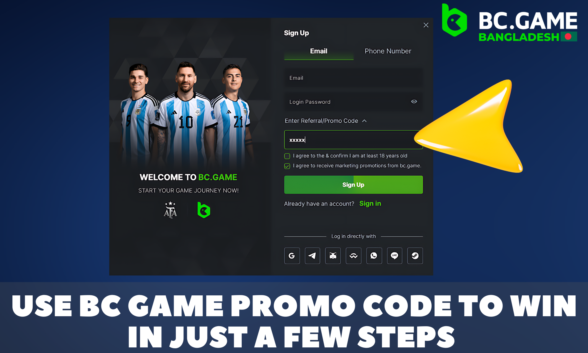 Step-by-step instructions on how to use a promo code in BC Game