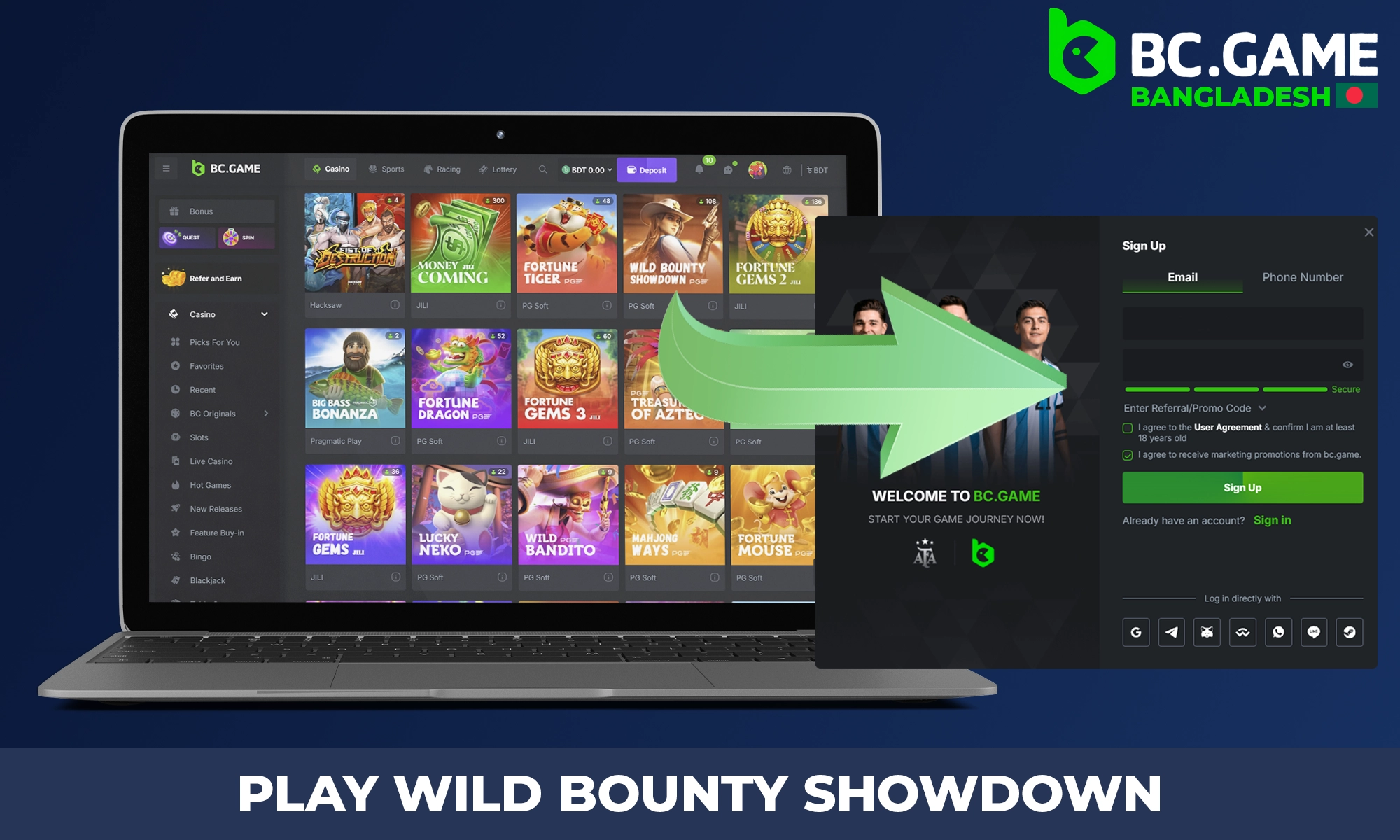 How do I start playing Wild Bounty Showdown on BC Game?